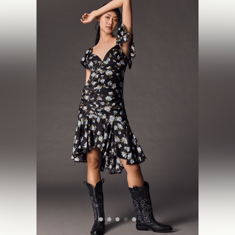 Floral Black Dress with Asymmetrical Hem